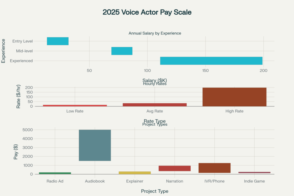 infographic illustrating the current voice actor pay scale across experience levels and project types